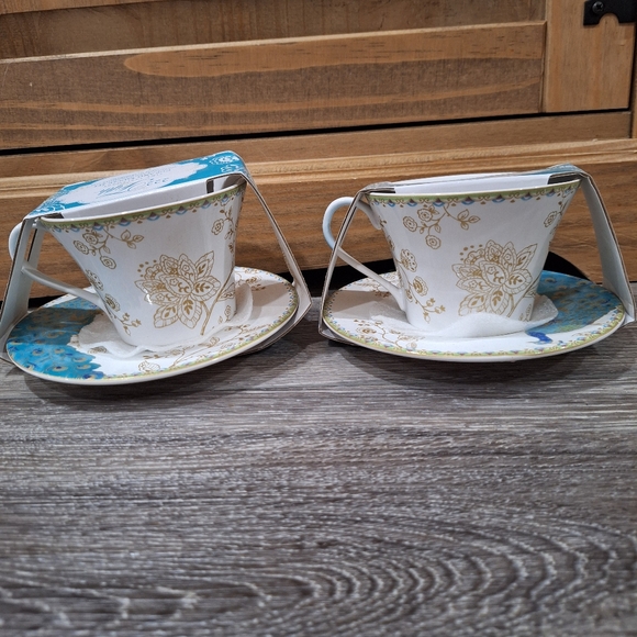 New Set of 2 Peacock Teacup & Saucers by 222 Fifth: Turquoise Blue - Picture 2 of 3